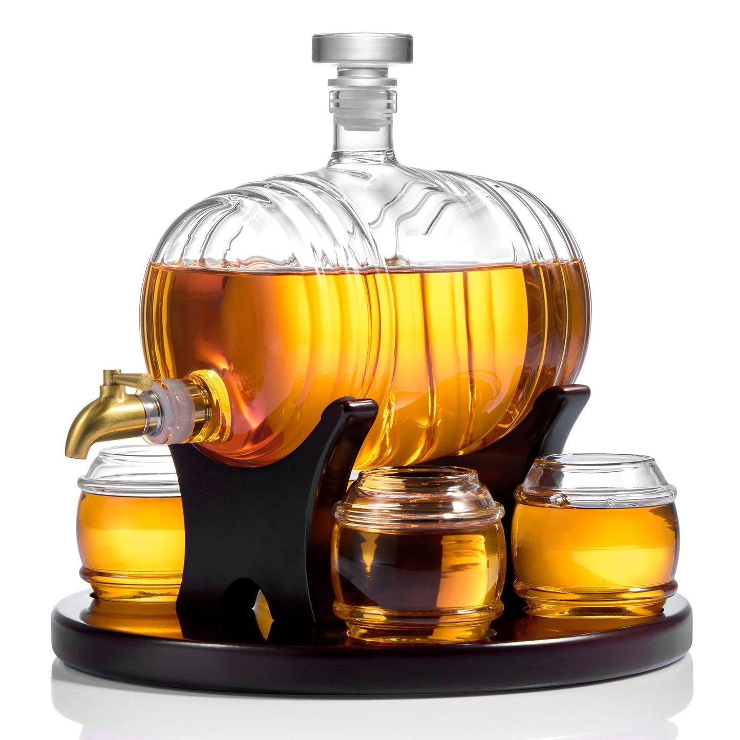 CRAFTGEN Whiskey Barrel Decanter Set for Home Bar, Unique Birthday Gifts for Men Dad, 1.3 Liter Barrel Liquor Dispenser with 4 Glasses for Bourbon, Scotch, Vodka, Tequila, Rum, Wine, Alcohol