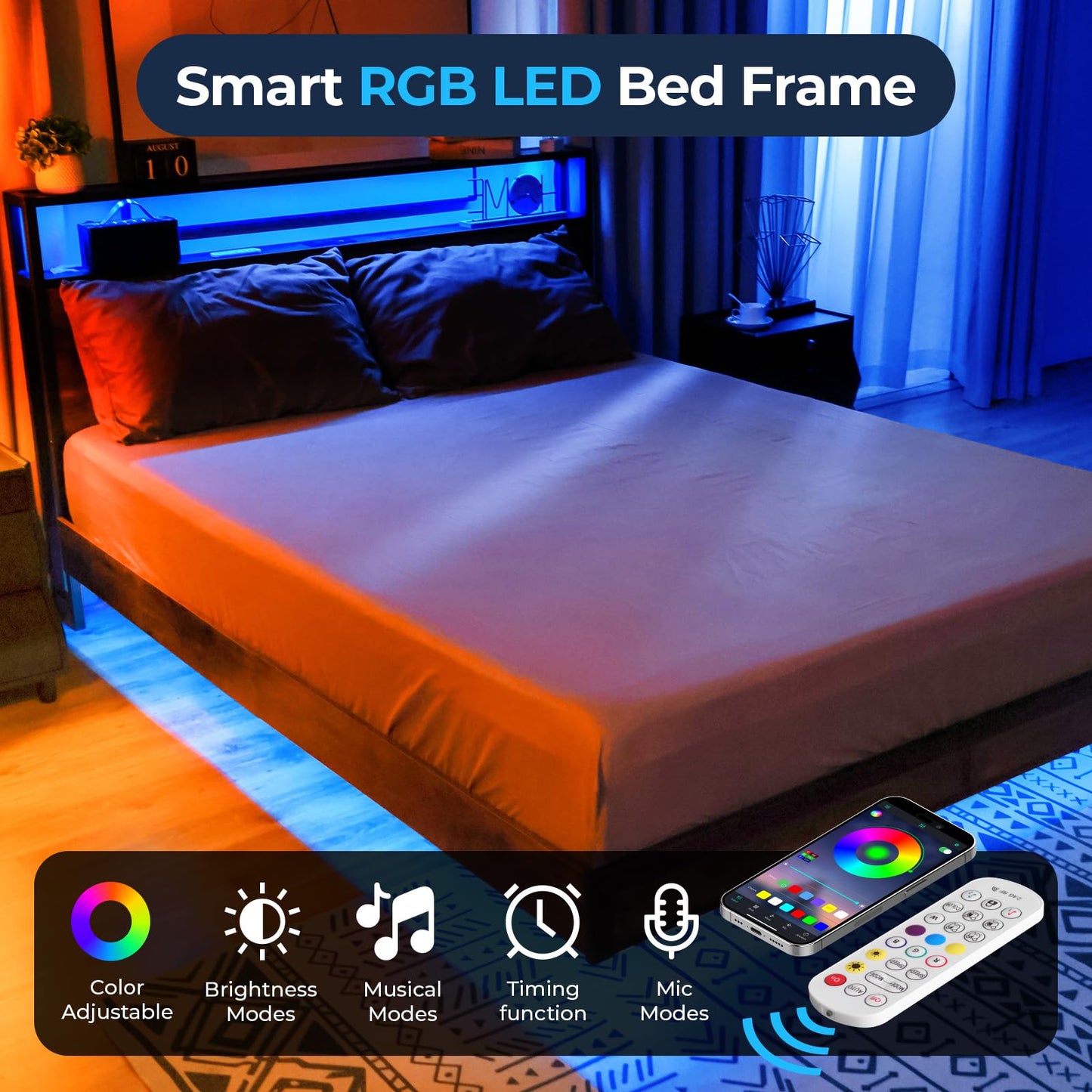 Bed Frame with 2-Tier Storage Headboard, Metal Platform Bed with Smart LED Lights & USB Charging Station, Noise-Free/Metal Support/No Box Spring Needed, Brown (Brown, Full)