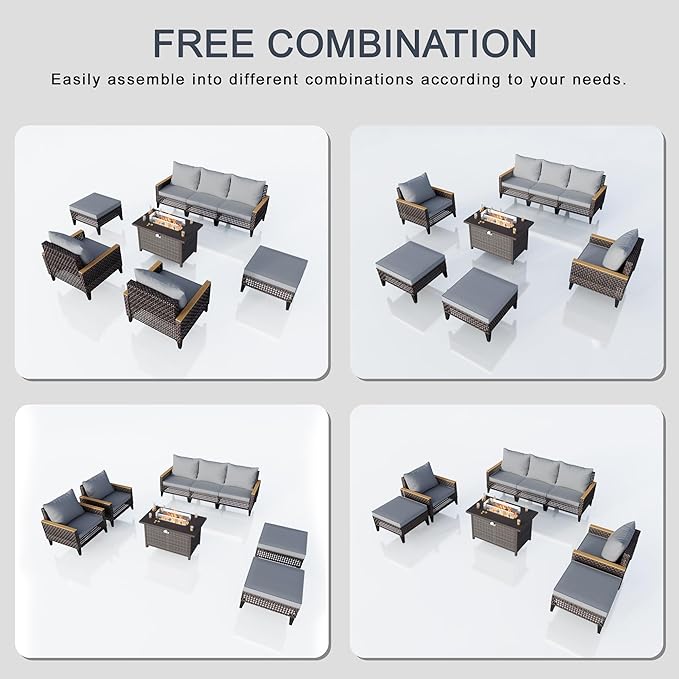 8 Pieces Patio Conversation Sets, Outdoor Furniture Set with Fire Pit Table, Wicker Rattan Sectional Modular Sofa Seating Set for Porch, Poolside, Deck, Balcony, Backyard, Yard, Garden (Gray Cushions)