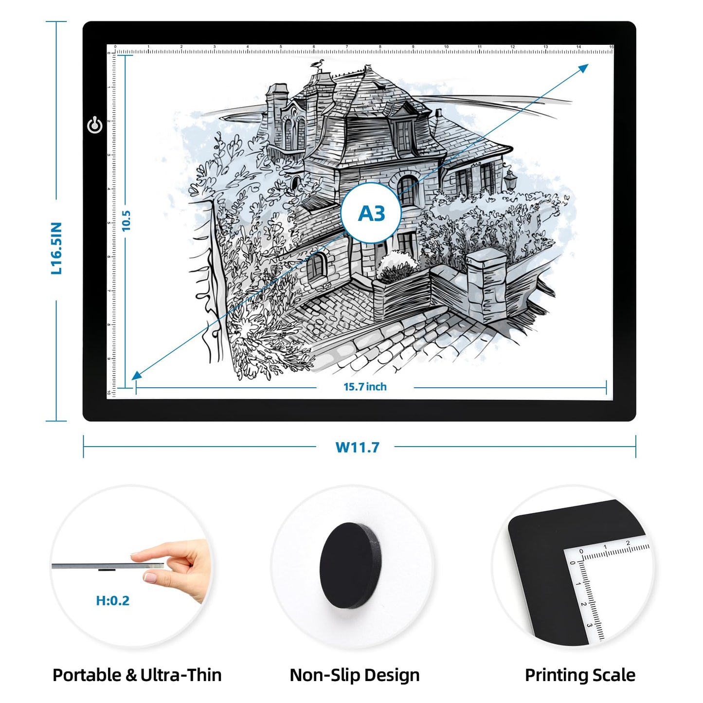 RTjoy A3 Slim LED Light Tracing Box Pad, Adjustable USB Powered Copy Board LED Tablet for Tattoo Transferring,DIY Drawing,Diamond Art,Sketching,Weeding Vinyl Craft