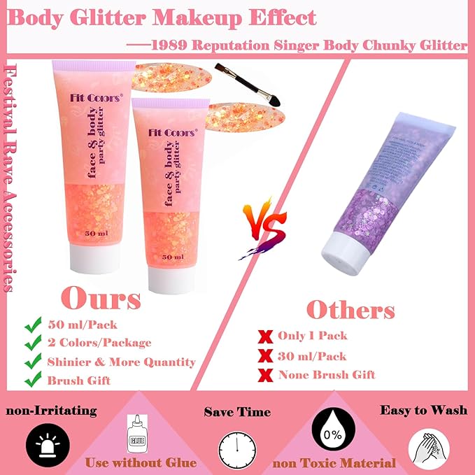 Body Glitter Face Glitter Gel: Singer Concerts Disco Festival Rave Accessories Face Glitter Makeup 100ml Chunky Sequins Mermaid for Party Cosplay Halloween (2 Orange)