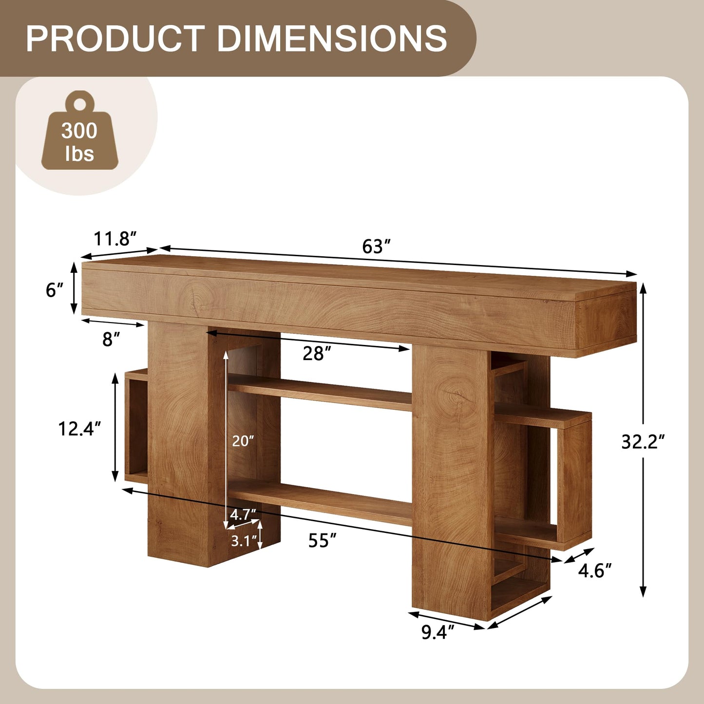 Einhomn 63 Inch Console Table with Storage, Looped Frame 3-Tire Wooden Sofa Table Behind The Couch, Farmhouse Entry Foyer Table for Entryway, Living Room, Hallway, Natural