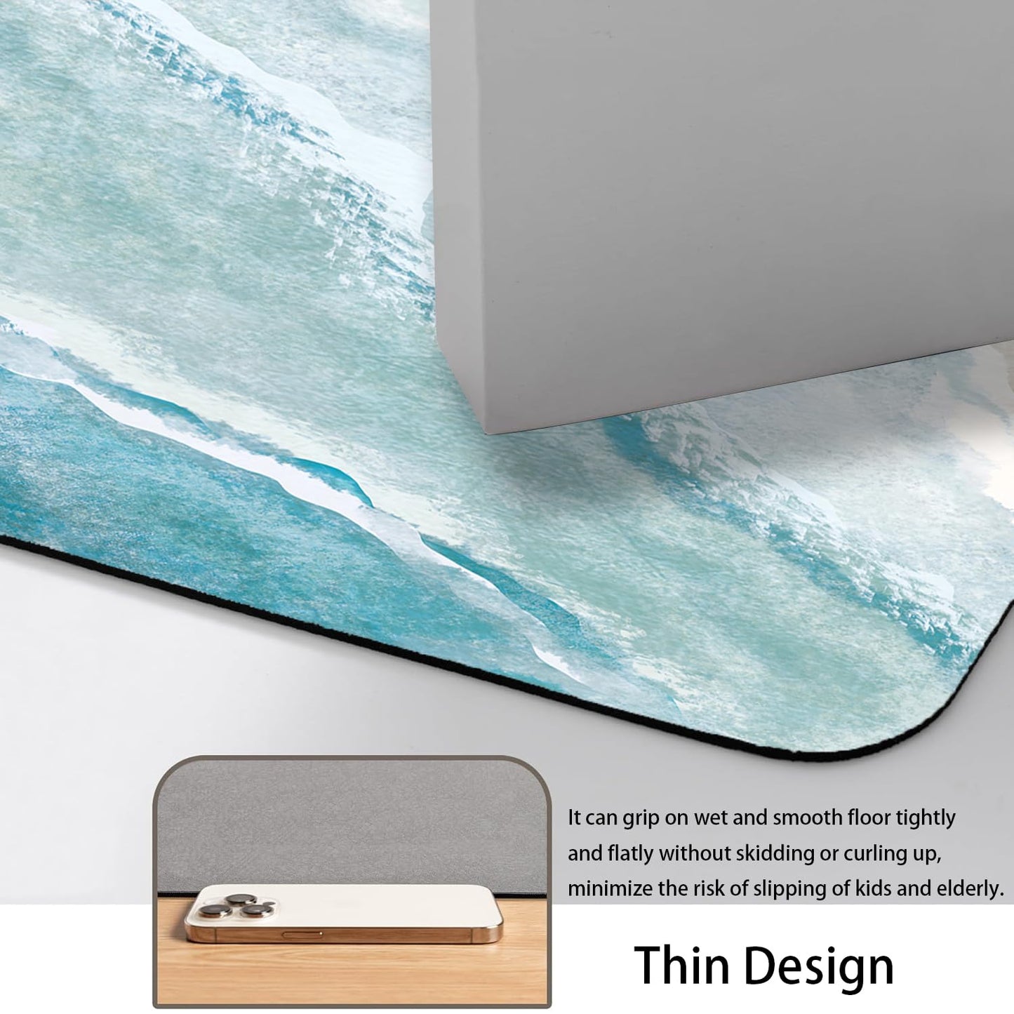 Coastal Beach Bathroom Mat Quick-Drying Non-Slip Rubber Bath Mats Super Absorbent Sand Wave Blue Teal Bath Mat Instant Dry Bathroom Rug in Front of The Kitchen Sink, Shower Room, Bathtub,16"x24"
