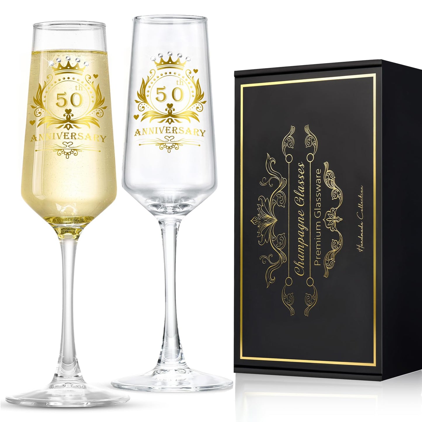 ROXBURGH 50th Wedding Anniversary Champagne Flutes Present Rhinestones Studded, 50th Anniversary Decorations 7 OZ Crystal Champagne Glasses Set of 2, Wedding Present, Couples