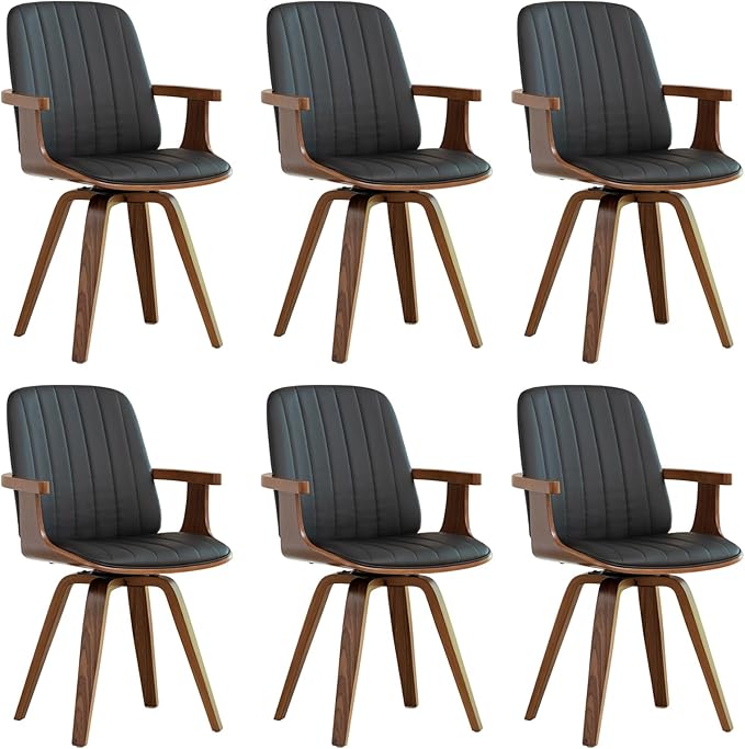 WUPOTO Swivel Dining Chairs, Set of 6 Kitchen Swivel Chairs with Walnut Craftsmanship, Upholstered Faux Leather, Wooden Arms and Legs, Walnut Dining Chairs for Kitchen/Living Room - Black