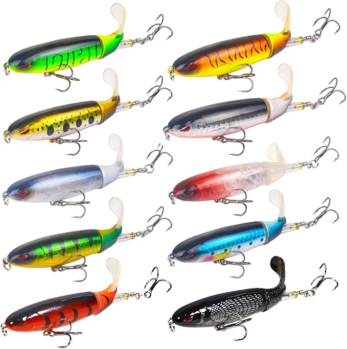RTGSE 10Pcs Whopper Fishing Lure for Bass Popper Top Water Fishing Lures with Floating Rotating Tail Barb Treble Hooks in ...