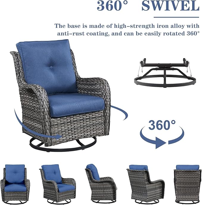 Belord Wicker Patio Furniture Sets - 8 Piece Rattan Outdoor Furniture Conversation Sets with 4 Swivel Rocker Chairs, Rattan Sofa, Wicker Ottomans and Coffee Table, Mixed Grey/Blue