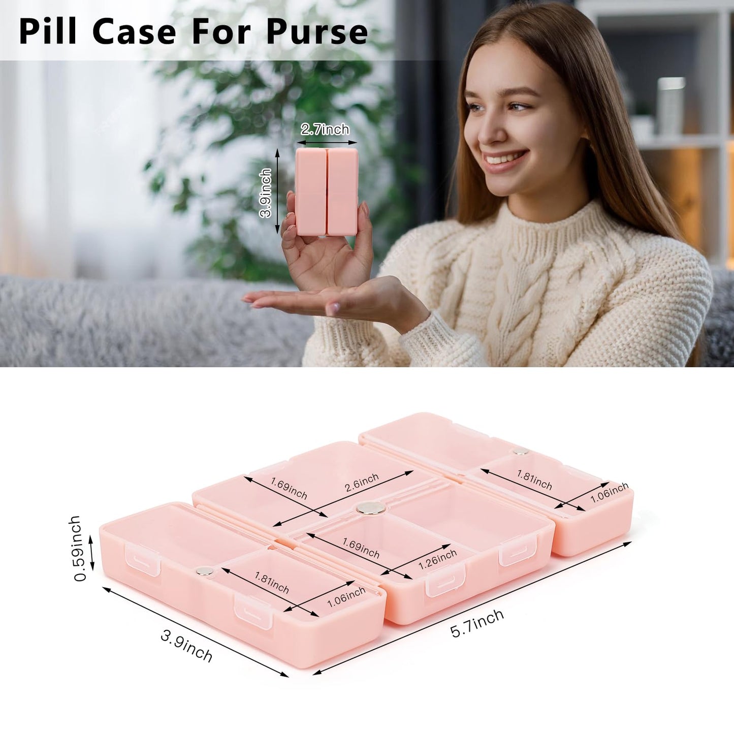 FYY Daily Pill Organizer,2 Pcs 7 Compartments Portable Pill Case Travel Pill Organizer,[Folding Design] Pill Box for Purse Pocket to Hold Vitamins,Cod Liver Oil,Supplements and Medication-Pink+Navy