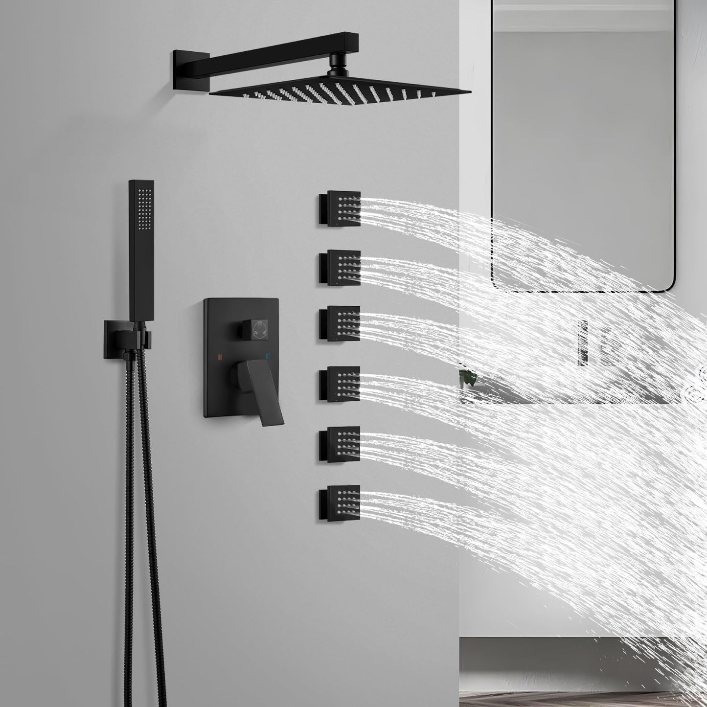 gotonovo Shower Faucet with Full Body Jets Rain Mixer 12 inch Rainfall Shower Head and Handheld Spray Combo Wall Mounted Rough-in Valve and Trim Included with 6pcs Body Message Jets Matte Black