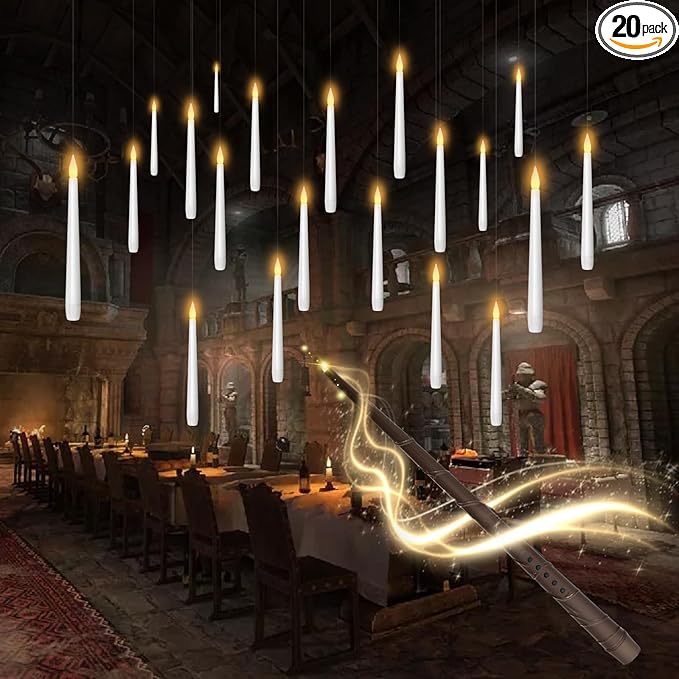 kakoya Flameless Floating Candles with Wand，20 Pcs Magic LED Hanging Taper Candles，Flickering Battery Operated Taper Candl...