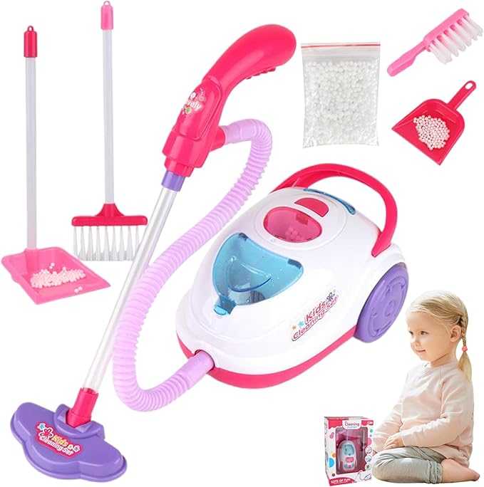 Kids Cleaning Toy Set, Includes Toy Vacuum, 2 Broom, 2 Dustpan ABS Vacuum with Light & Sound Battery Operated for Educational Pretend Play