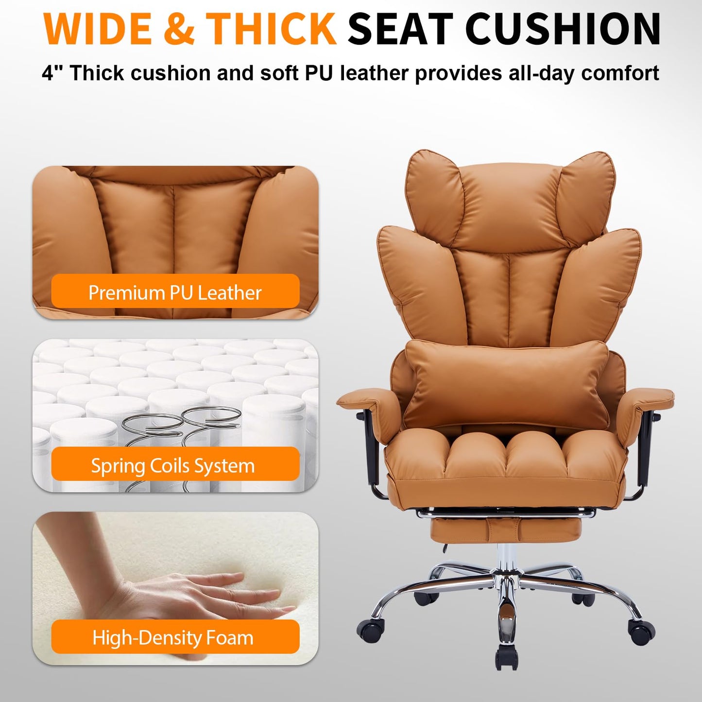 GarveeTech Big and Tall Office Chair with Footrest, 400lbs Executive Leather Office Chair, Ergonomic Gaming Chair for Adults, High Back Desk Chair with Lumbar Support, 150 Degree Reclining, Brown