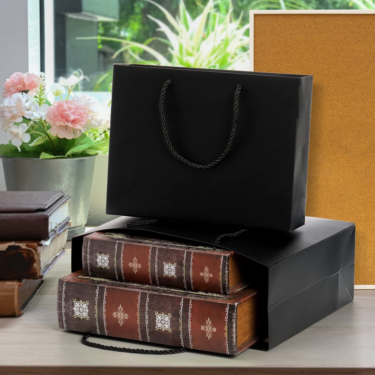 Lyellfe 30 Pack Black Gift Bags, Heavy Duty Kraft Paper Bag with Handle, Luxury Waterproof Shopping Bag, Retail Merchandise Bags for Birthday, Wedding, Christmas, S, M, L