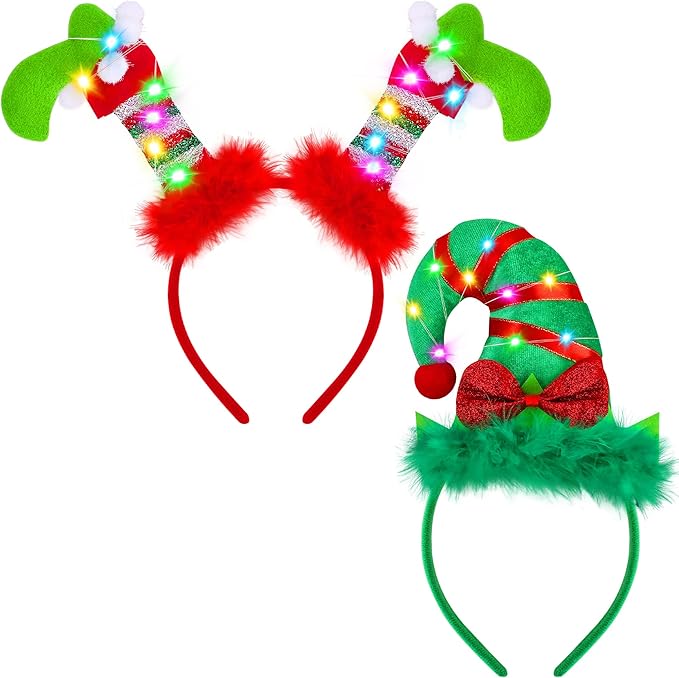 Fovths 2 Pack Christmas LED Headbands Xmas Headbands Light Up Costume Headwear Accessories Glowing Hair Hoop for Christmas