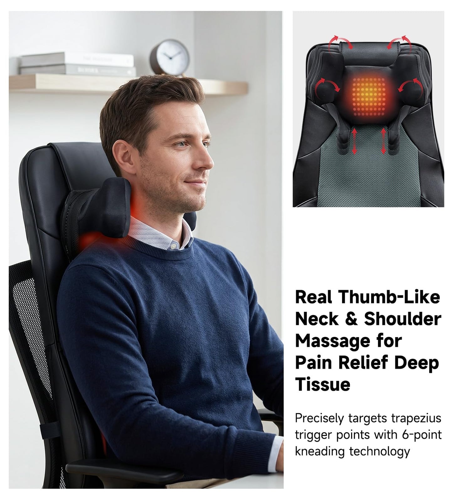 Back and Neck Massager for Chair with Heat, Shiatsu Shoulder Massage Seat Cushion with Finger-Grip Neck Kneading, Full Back Deep Tissue Rolling, Seat Pad, Adjustable Height, Office & Home Use, Black