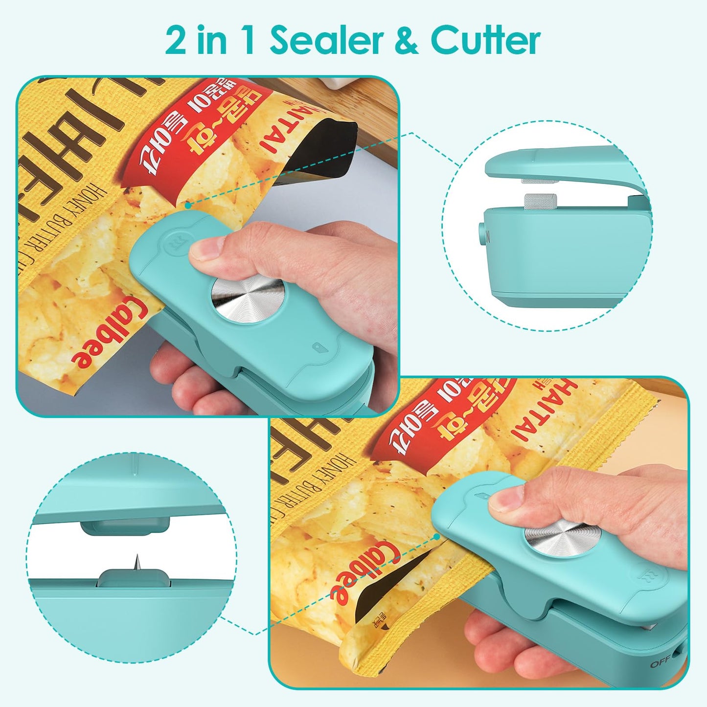 OEOP Bag Sealer, 2 in 1 Mini Bag Sealer Heat Seal and Cutter, Portable Chip Bag Sealer Heat Sealer Bag Resealer for Snacks Candies Plastic Bag Food Storage (Batteries Included)