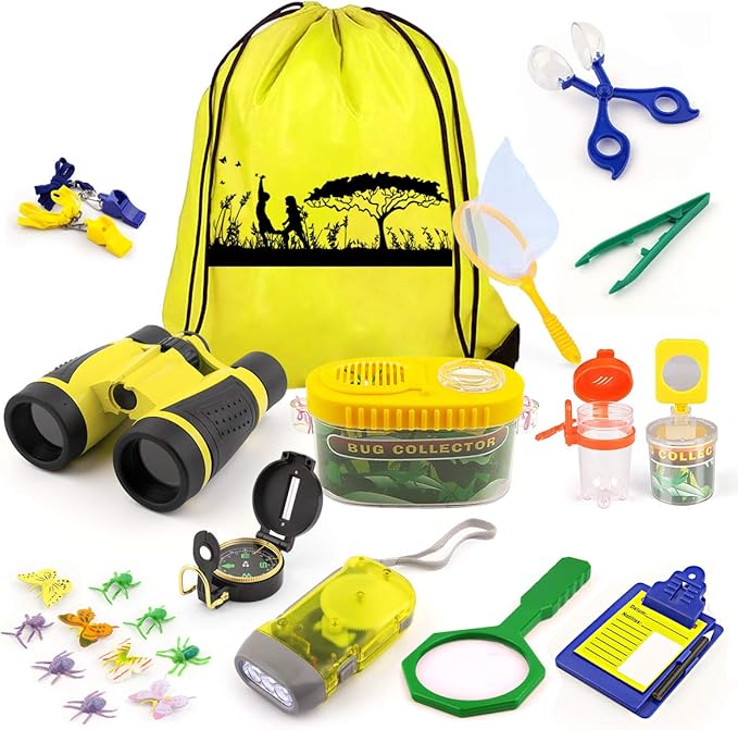 24 Pcs Kids Explorer Kit & Bug Catcher Kit for Kids, Outdoor Toys Adventure Camping Kit with Drawstring Bag, Binoculars, C...