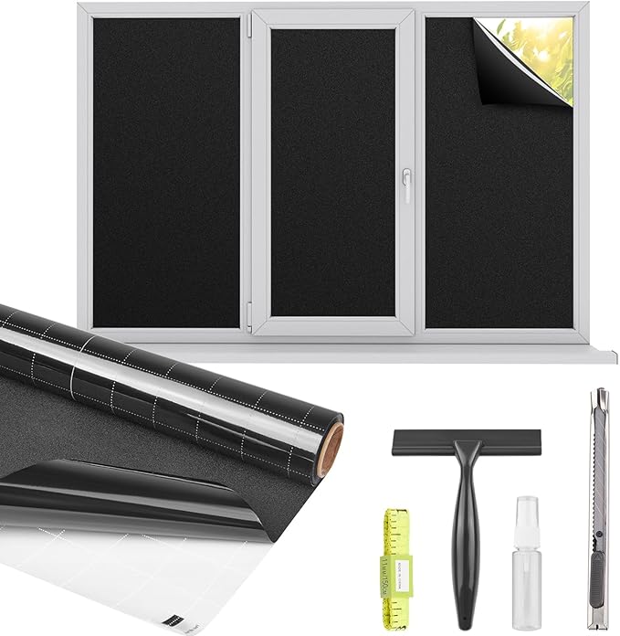 Kromapolis Blackout Window Privacy Film Total Light Blocking Room Darkening Window Covering, Removable Static Cling Frosted Glass Tint, Non-Adhesive, Black 23.6'' x 157.4''