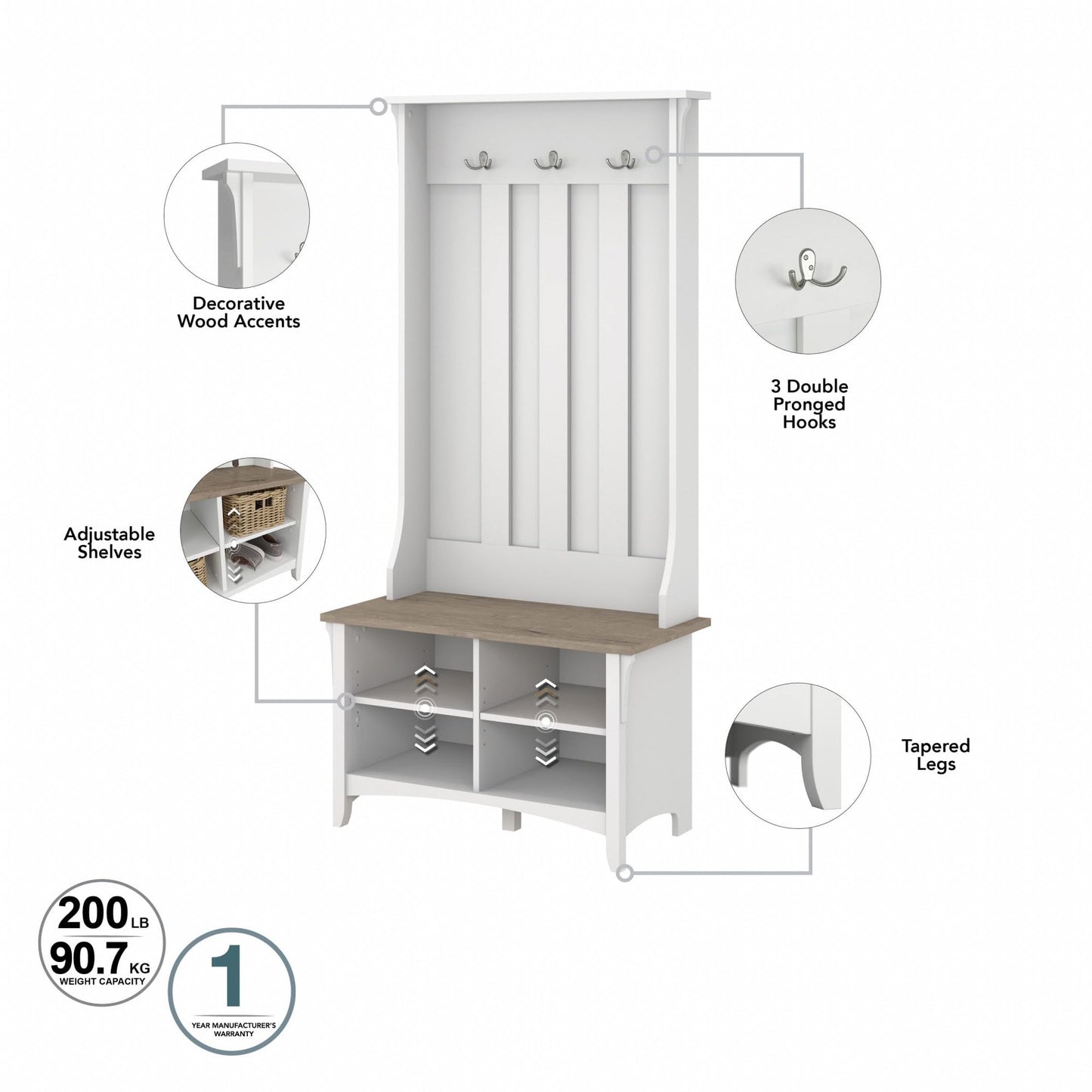 Bush Furniture Salinas Hall Tree with Shoe Storage Bench in Shiplap Gray and Pure White, Multi-Purpose Home Organizer, Entryway Solution with Seating and Hooks