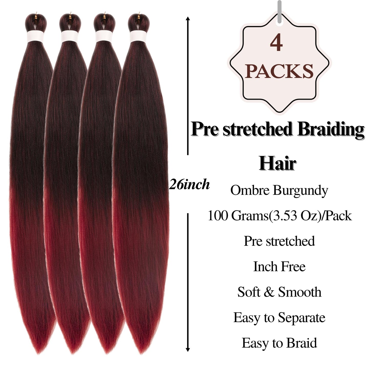 Burgundy Ombre Braiding Hair Pre stretched Synthetic Hypoallergenic Boho Curly Hair for Braiding Ombre Knotless Ez Braids Hair