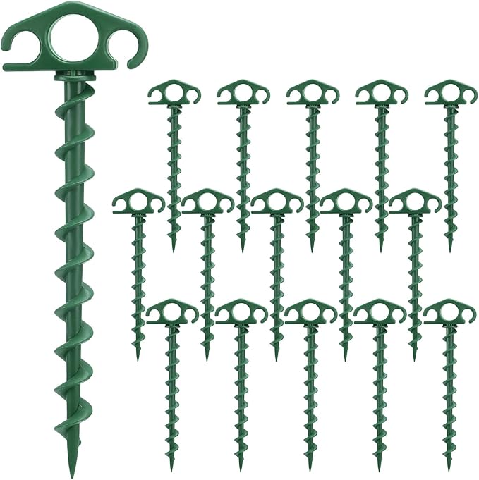 COBARYEN Tent Stakes Ground Anchors Screw in, 16 Pack Sand Stakes for Beach 9.4 Inch Heavy Duty Spiral Tent Pegs for Camping, Party, Hiking, Outdoor Decoration (16, Green)