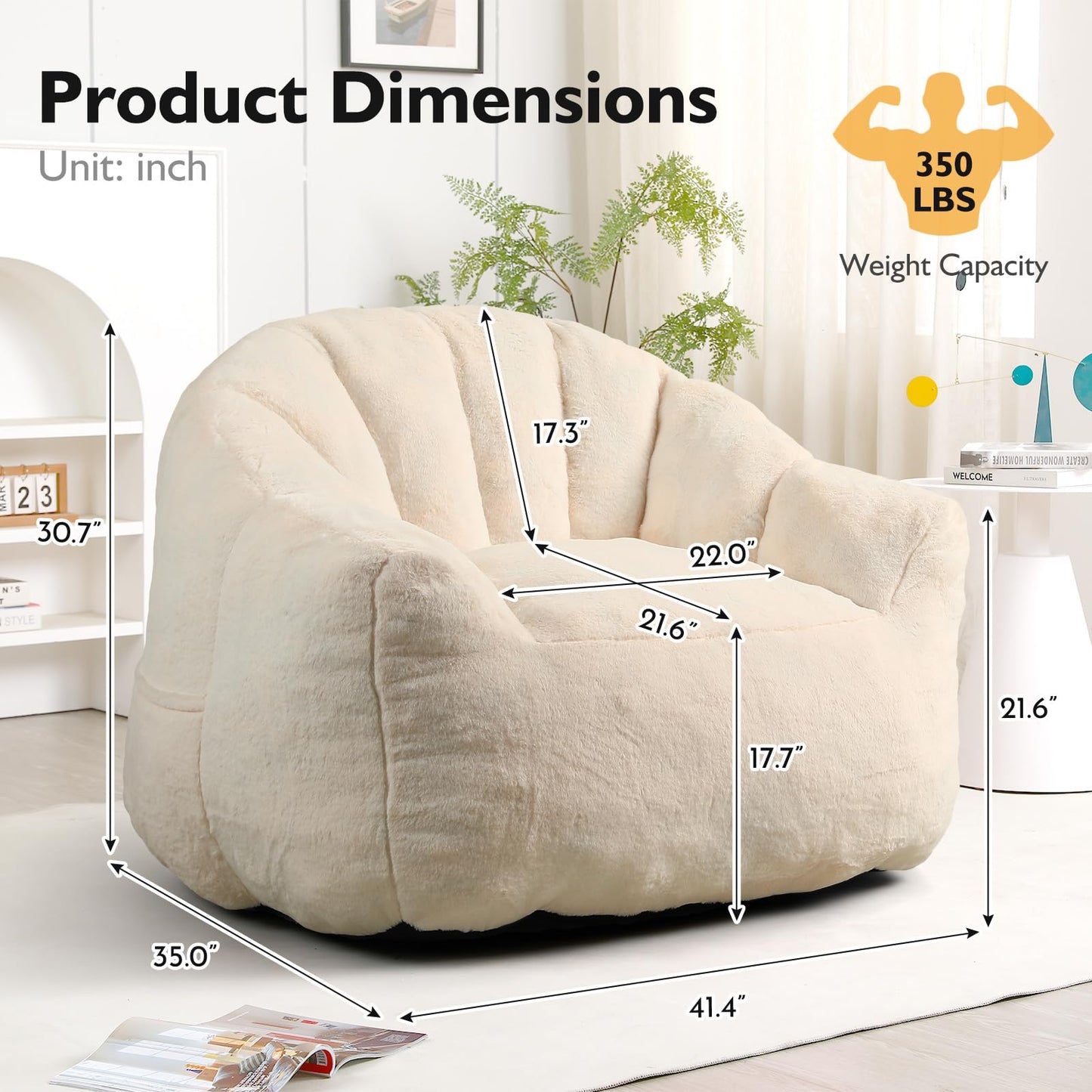 COCONINO WJ Bean Bag Chair, Bean Bag Chairs with Filler, Stuffed Beanbag Chair for Adult and Kid, Big Beanbag Chairs with Filling for Living Room (Faux Fur in Ivory, 35" D×41.4" W×30.7" H)