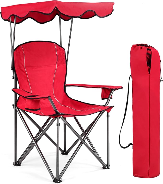 WATERJOY 24 Inches Portable Camping Chairs with Cup Holder, Folding Beach Chair with Shade Canopy