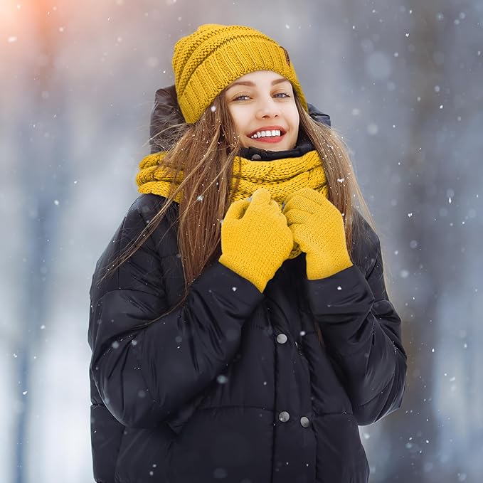 Aneco Winter Warm Sets Knitted Scarf Beanie Hat Touch Screen Gloves and Winter Ear Warmer for Men or Women