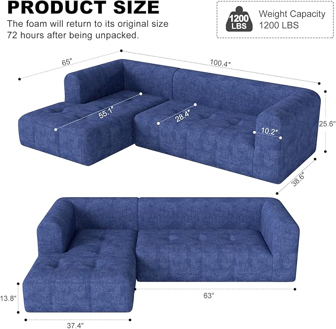 105" Modular Sectional Sofa, Boneless Couch for Living Room, Cloud Sectional Couch with Deep Seat, L-Shape Sofa, Upholstered Couches for Living Room Bedroom, No Assembly Required, Blue (Slub Fabric)