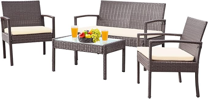 PAOLFOX 4 Piece Outdoor Patio Furniture Set, Rattan Patio Conversation Set with Table,Modern Wicker Chairs and Table Sets,Outdoor Furniture for Porch, Garden, Lawn,Beige