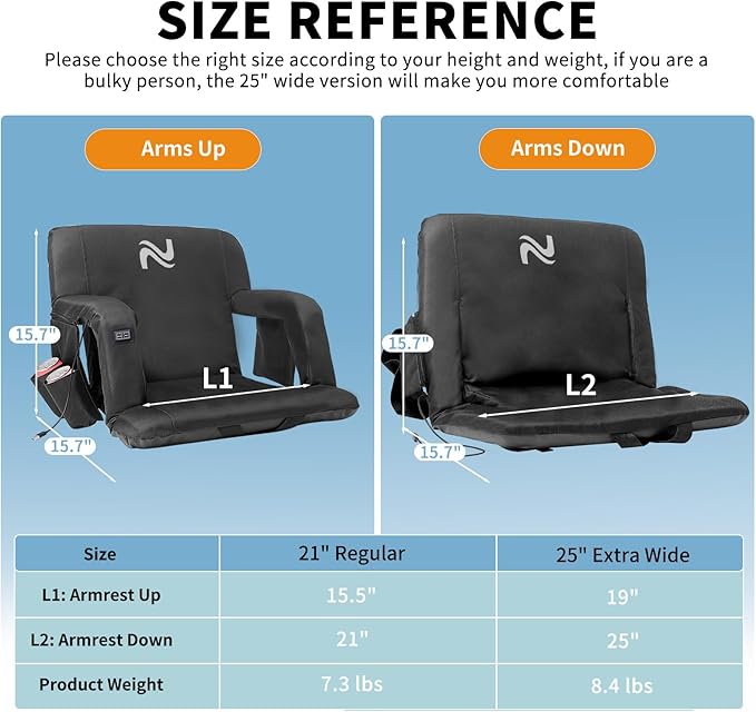 NAIZEA Wide Heated Stadium Seat for Bleachers w/Back Support & Cushion, Portable Bleacher Seats Foldable Stadium Chair with Armrests for Sports Events, Outdoor, Camping, Hiking-No Power Bank