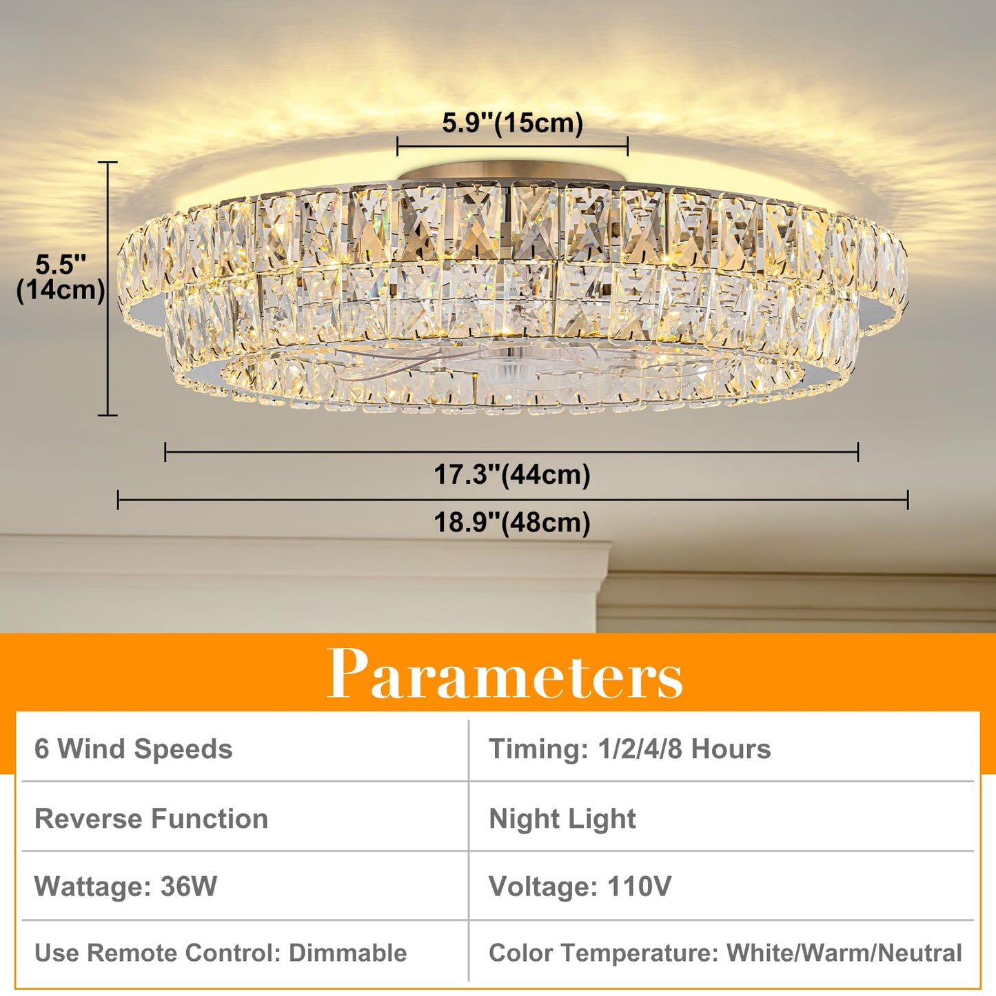 Zswanbei Fandelier Ceiling Fan with Lights and Remote Control Dimmable Crystal Ceiling Fan LED 3 Color 6 Speeds Chandelier Fan Bedroom Kitchen Living Room