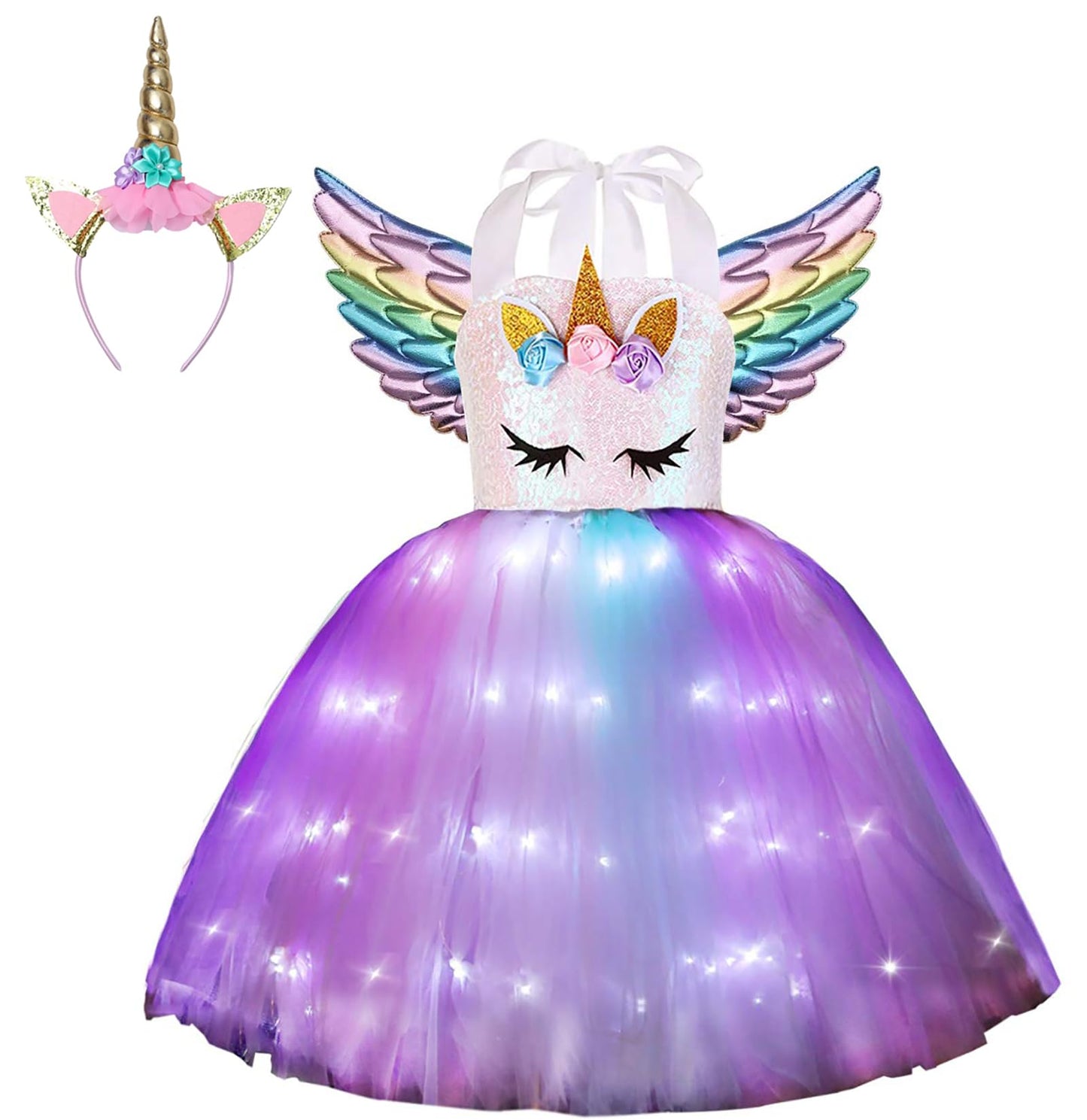 Viyorshop Girls Unicorn Costume LED Light Up Tutu Dress Up Birthday Gifts Princess Dress for Halloween Party(Sequins, 5-6 Years)