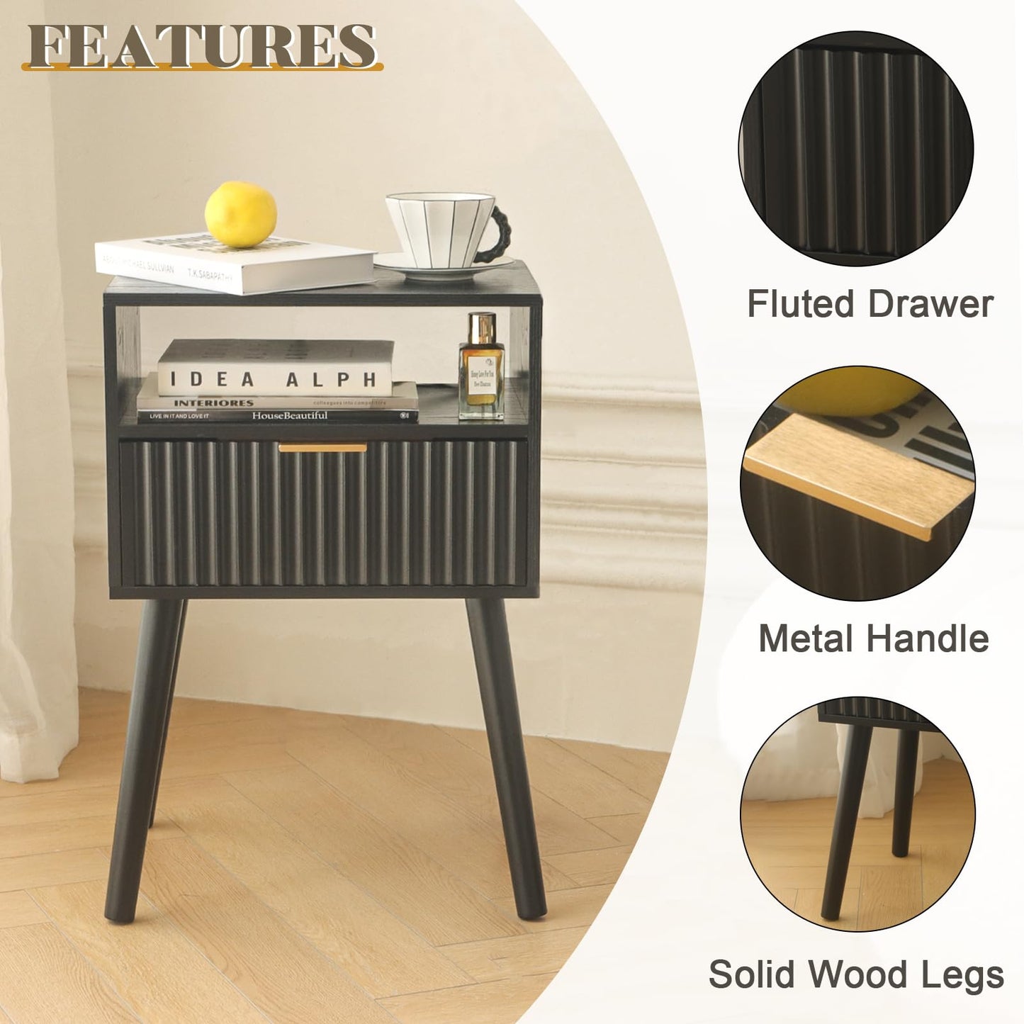 Fultyle Black Nightstand with Charging Station, Mid Cetury Modern Nightstand with Drawers, Fluted End Side Table with Solid Wood for Bedroom, Dorm and Small Space (Black)