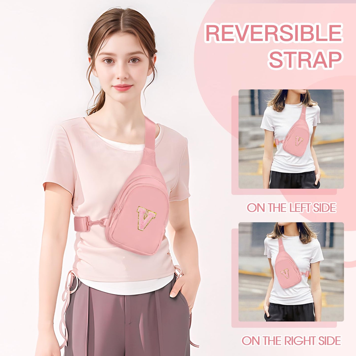 Viverte Gifts for Teen Girls 3 4 5 6 7 8 9 10 11 Year Old Girls Birthday Gifts for Best Friends Personalized Gifts for Women Preppy Stuff Small Initial Sling Bag (Light Pink-V)