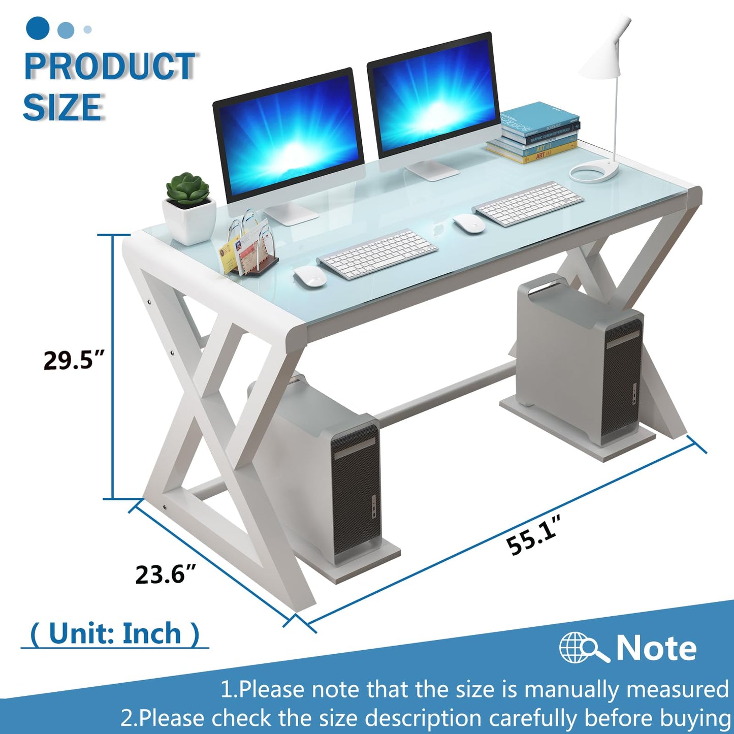 IPKIG Glass Computer Desk, Modern Computer Desk with Carbon Steel Frame and Glass Top, Home Office Desks Computer Table Study Writing Desk Workstation for Living Room (White, 55.1 Inch)