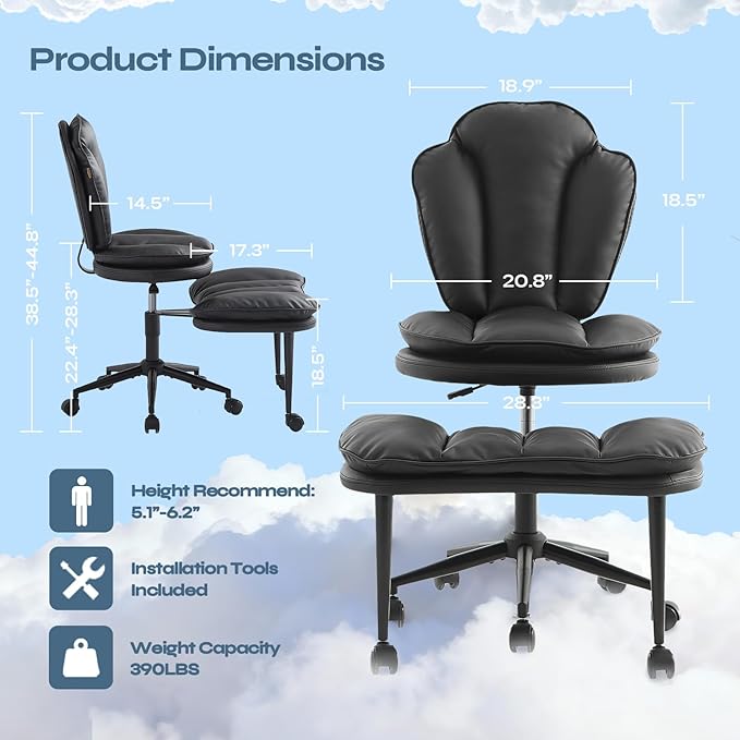 Ergonomic Cross Legged Office Chair for ADHD, Kneeling Chair with 360° Swivel Wheels and Reversible Seating for Meditation, Adjustable Height and Seat Deapth, Teddy Fabric, Black