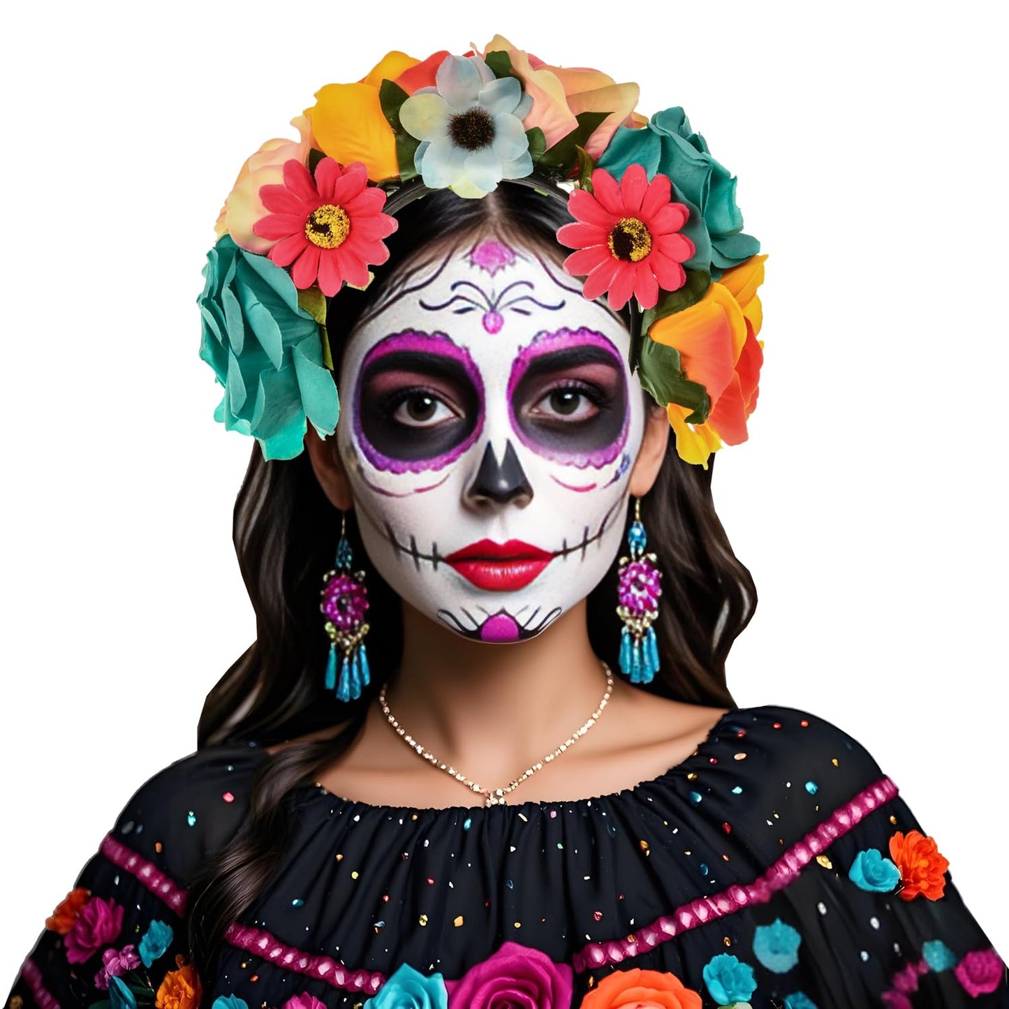 June Bloomy Mexican Flower Headband Halloween Cinco De Mayo Party Costume Day of The Dead Headpiece(Peach Orange Blue)