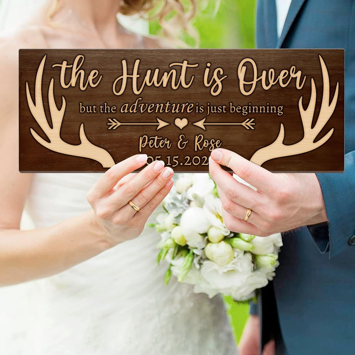Bemaystar Personalized Name Deer Antlers Wedding Gift-Custom Date/Name Wooden Signs, The Hunt is Over,For Unique Anniversary Keepsakes, Wedding Gifts For Couple, Bridal Shower Gifts,15" x 6"