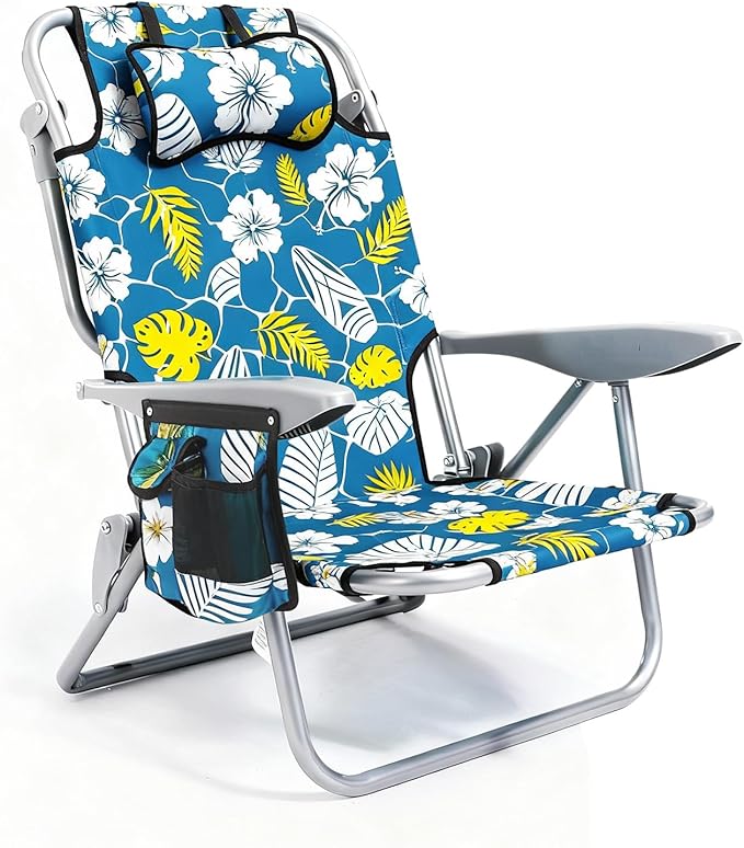 Canpsky Portable Beach Chair for Adults, Outdoor Camping Chair Lay Flat Folding Backpack Beach Reclining Chair with 5 Positions, Headrest, Cup Holder, Heavy Hawaiian Style