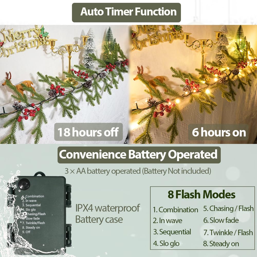 Superior Christmas Garland 6.56 FT 40 Rice LED Pine Garlands with Lights Battery Operated with Timer 8 Flash Modes Christmas Decoration for Mantle Fireplace Indoor Outdoor Holiday Home Xmas Decor