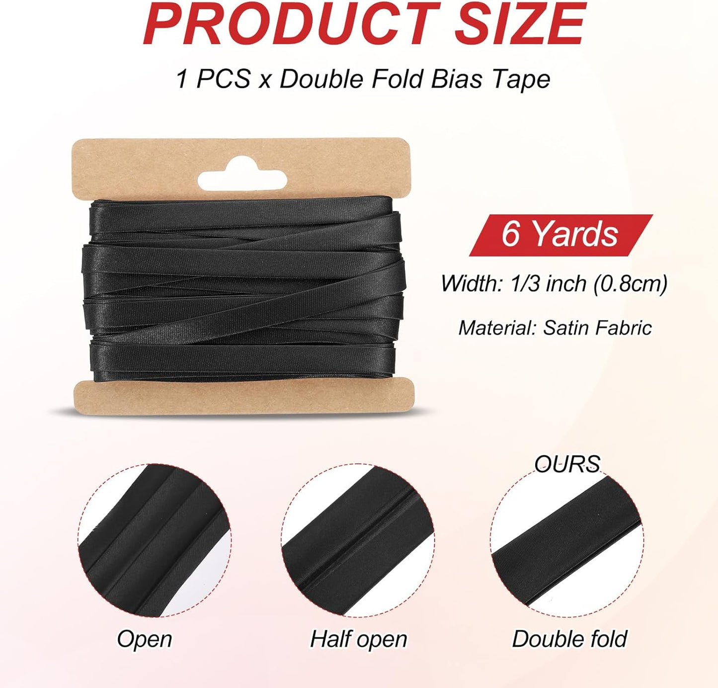 MECCANIXITY Double Fold Bias Tape for Sewing 1/3 Inch x 6 Yards Satin Pre-fold Continuous Binding Tape for Seaming Quilting Hemming Binding DIY Crafts, Black