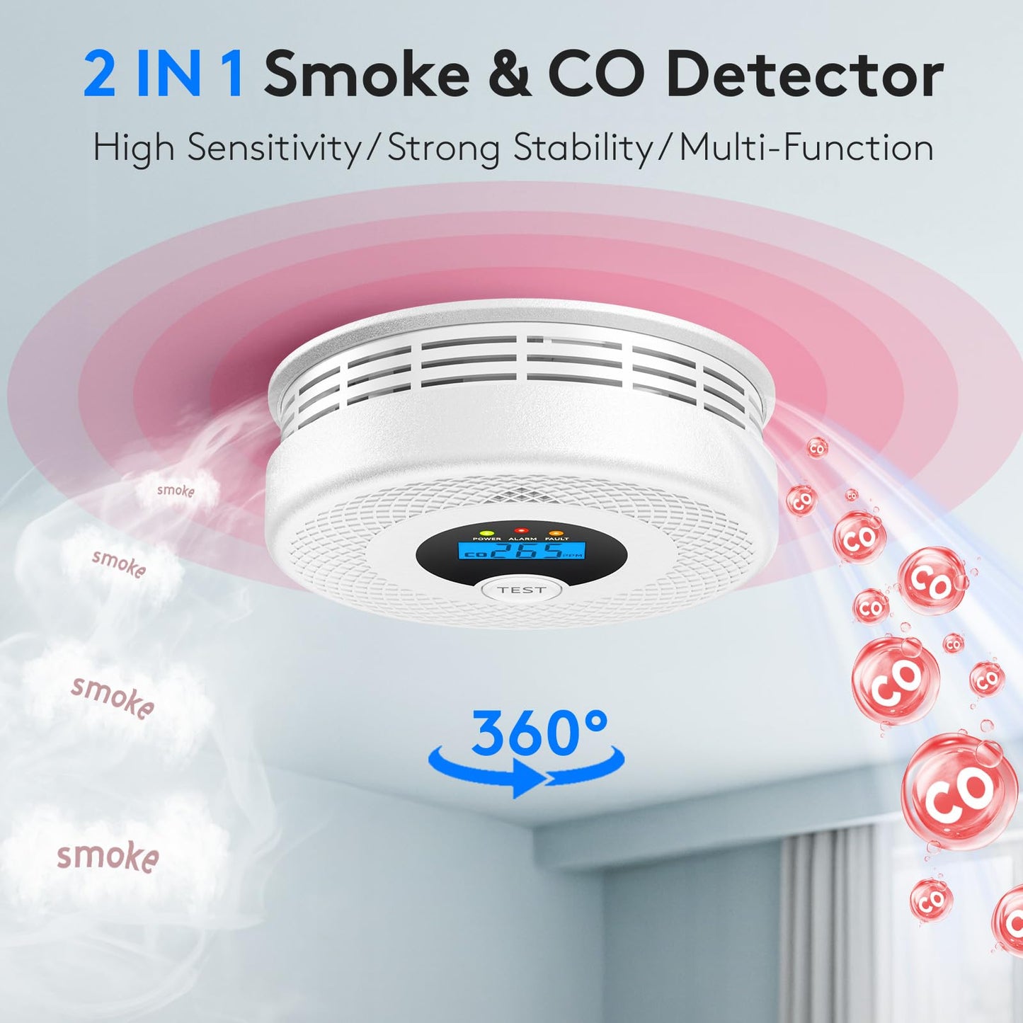 1-Pack Smoke Detector Carbon Monoxide Detector Combo 10 Year Battery, LCD Display & Visual Alerts, Smoke and CO Alarm for Home, Reliable Early Warning
