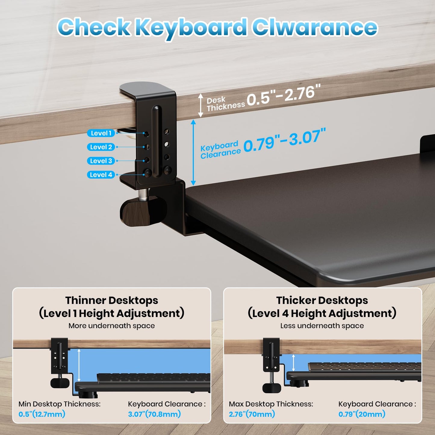 Zontera Large Keyboard Tray That Slides Out from Under The Desk, Pull Out with Adjustable C-clamp, 25.6 x 11.8 Inch Computer Keyboard Drawer Mouse Tray for Typing, Black
