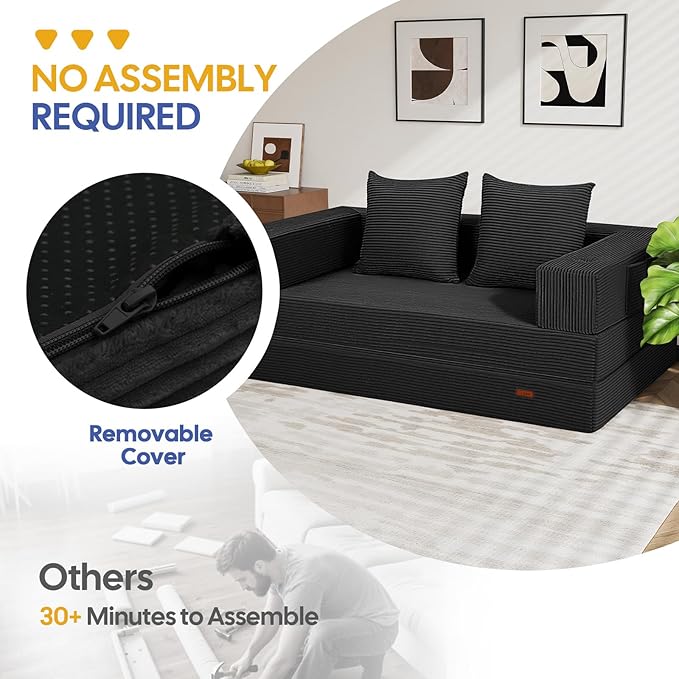 COMAX Futon Sofa Bed, 4‑in‑1 Convertible Sofa Bed, Folding Boneless Couches for Living Room, Fold Out Small Foldable Loveseat Floor Sleeper Comfy Mattress Lounge Space‑Saving, Black