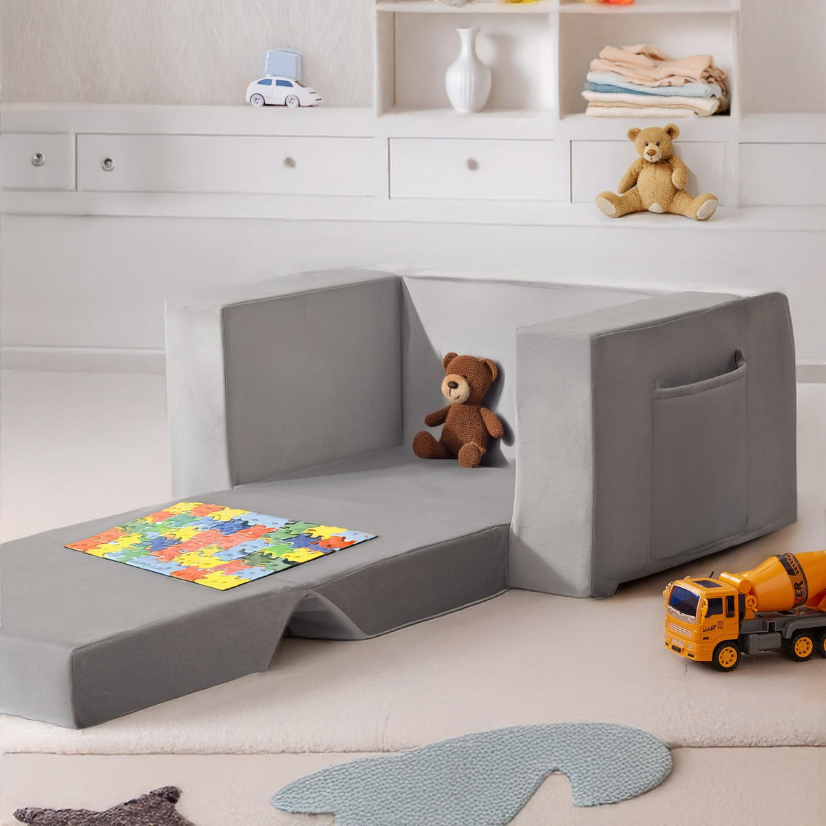 Kids Couch, 2-in-1 Toddler Chair Comfy 1-3 Years, Convertible Kids Chair, Toddler Couch That Fold Out, Kid Lounge Chairs for Boys and Girls, Soft Coral Fleece, Grey