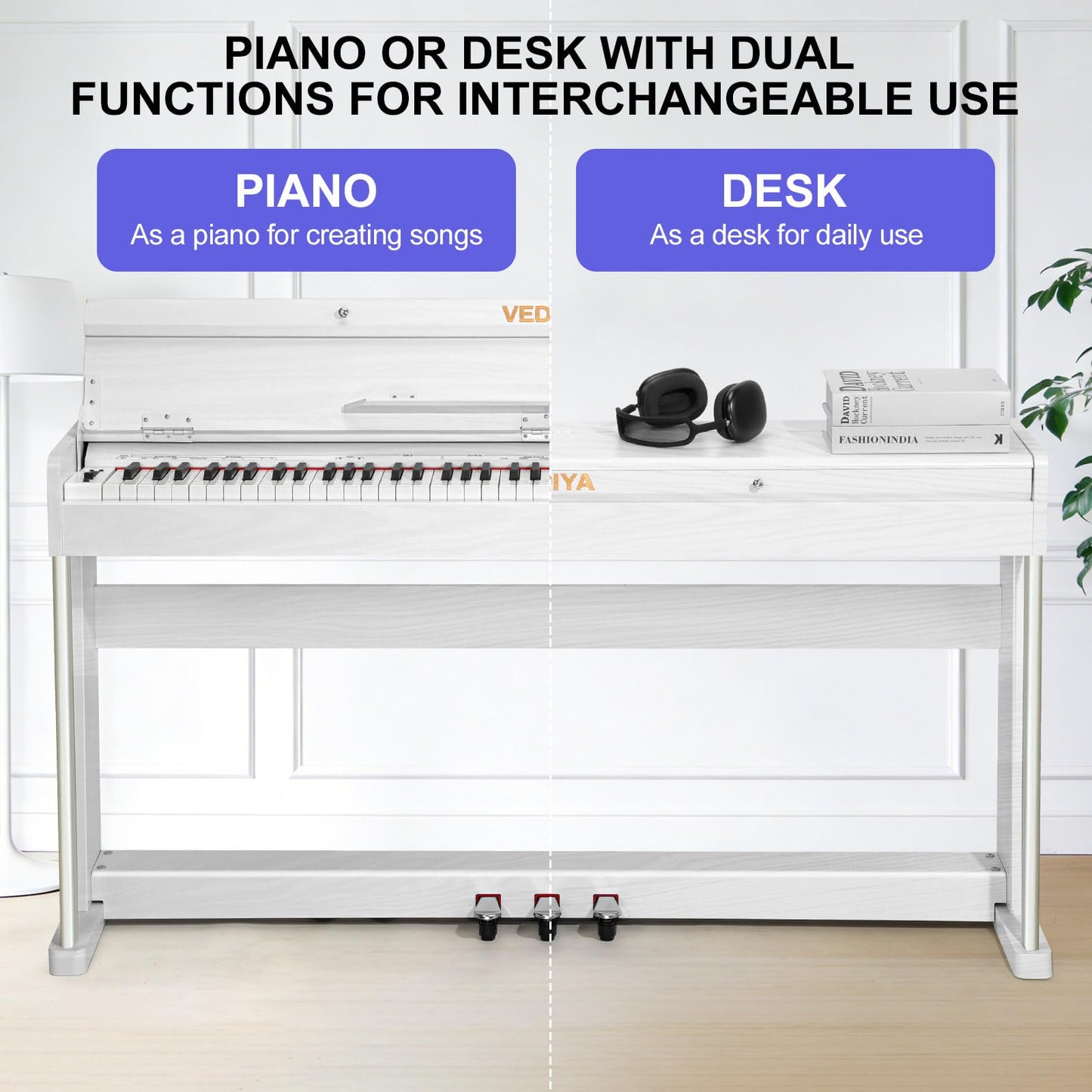 Vediya 88 Key Weighted Digital Piano Keyboard - Wood Piano Desk to Vanity, Hammer Action Electric Piano with MIDI, Ideal Home Digital Pianos & Keyboard Piano for Beginners (White)