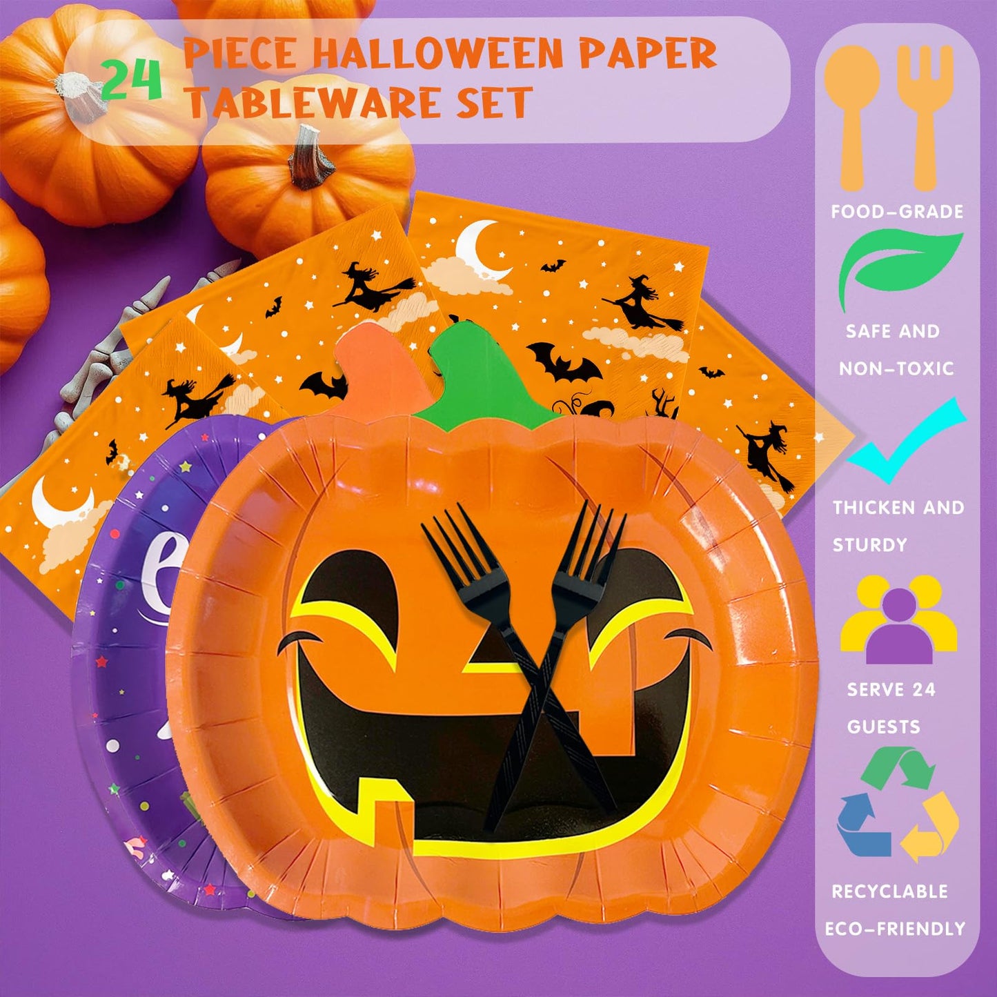 YQUQWN 48 PCS Halloween Pumpkin Shaped Paper Plates and Napkins Set, Perfect for School Events, Holiday Celebrations, Trick-or-Treat Parties, and Themed Gatherings, Disposable and Fun Decor