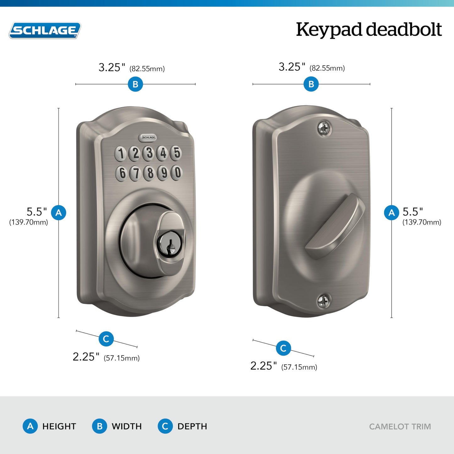 Schlage Camelot Electronic Keypad Deadbolt Lock, Keyless Front Door Entry, Mechanical Key Backup Included, Satin Nickel, BE365 V CAM 619
