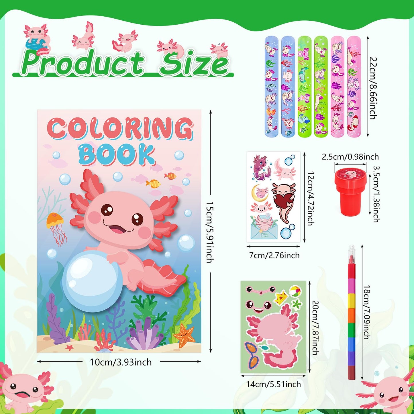Cinrobiye 72 PCS Axolotl Party Favors Activity Set，Axolotl Coloring Books with Crayons Sticker Slap Bracelets Stampers，Amphibian Birthday Party Classroom Rewards Craft Goodie Bag Fillers Birthday